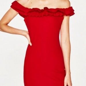 ZARA OFF THE SHOULDER RED RUFFLE BODYCON DRESS